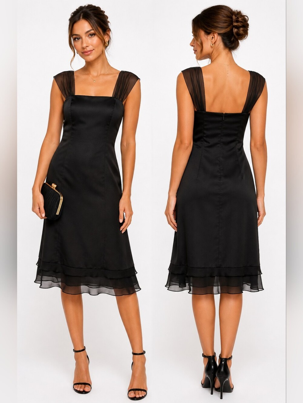 Forever Yours Black Chiffon Overlay Dress Midi Sheer Straps Lined Formal